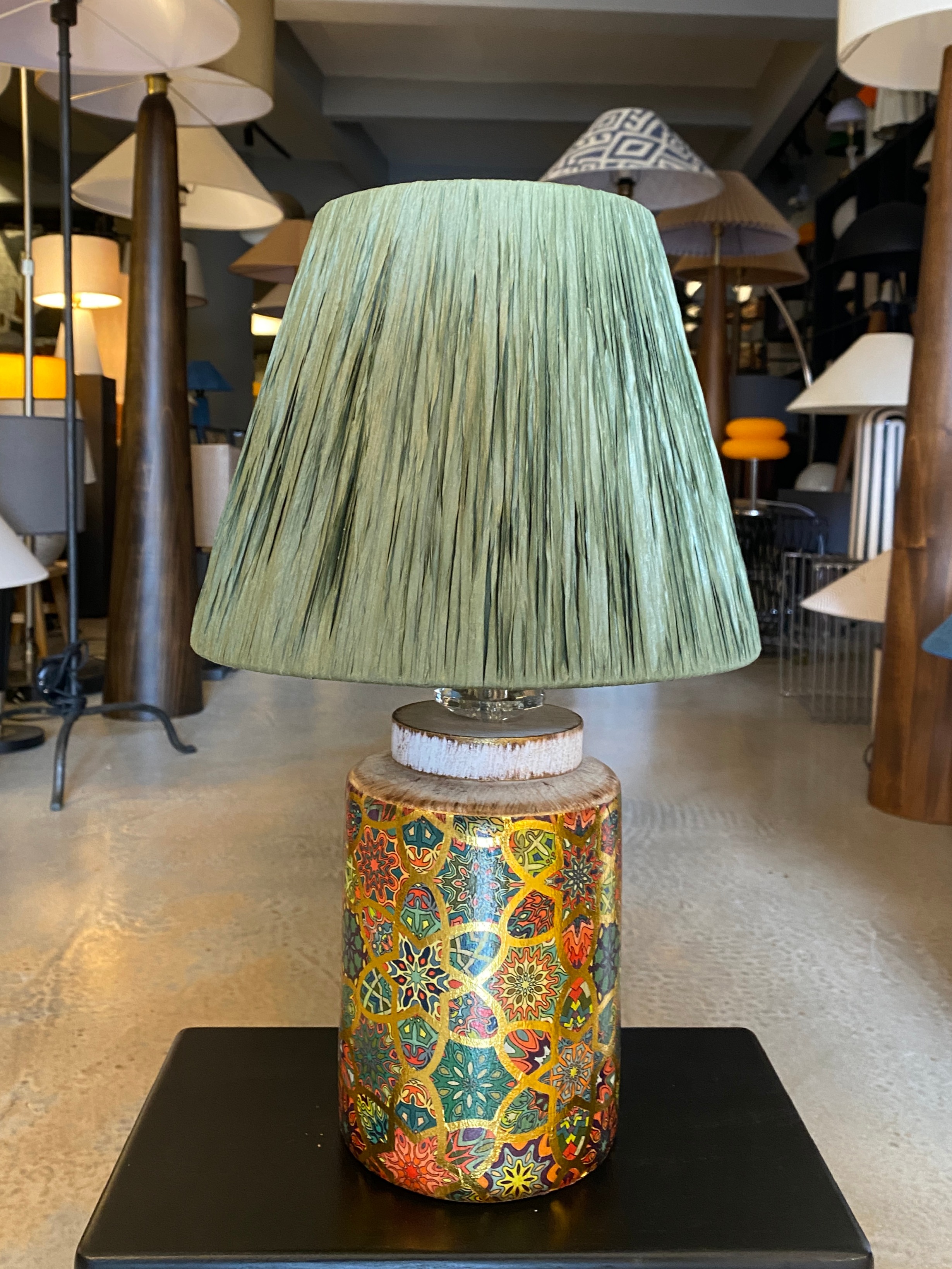 Timide Desenli Handmade Seramik Abajur Yeşil